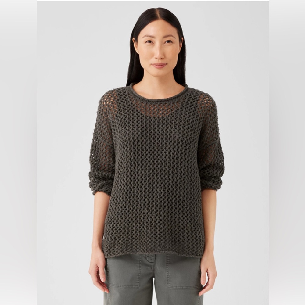 Eileen Fisher Linen Cotton Open Heavy Knit Sweater Dark Gray Size XL
